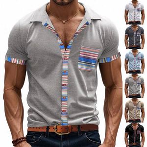 Camisa Blanca de Manga Corta a Rayas con Bolsillo para Hombre, Casual, Primavera Verano, Algodón, Cuello Camisero, Corte Regular - Product Image 3