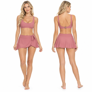 Women's Pink Backless Bandeau Bikini Set With Ruffle <b>Skirt</b> Two Piece Swimwear Solid Color Stretch Knitted <b>Swim</b> Suit - Product Image 1