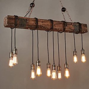 Lampada a sospensione a sospensione a 10 luci con lampadario a 10 luci a sospensione a isola lineare in legno scuro effetto fattoria - Product Image 2