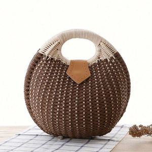Bolso de Playa de Verano de Alta Calidad para Mujer, Bolso de Mano Redondo Tejido de Ratán, Bolso de Paja Resistente al Agua, Portátil con USB - Product Image 6