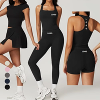 Ensemble de sport 5 pièces pour femme : soutien-gorge de sport réversible taille haute, jupe, t-shirt d'entraînement, leggings de yoga, short cycliste – Idéal pour la gym et le fitness