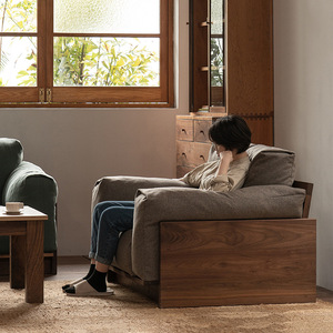 Maxky Italian Japanese-Style Solid Wood Black Walnut <strong>Sofa</strong> Single Modern Minimalist Fabric French <strong>Sofa</strong> Hoekbank Couch - Product Image 3
