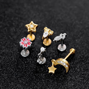 Piercing à lèvres oreille os goujon corps Piercing bijoux en acier inoxydable 316L plaqué or Zircon pour lune étoile fleur - Product Image 4