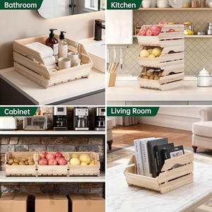 Paniers de rangement en bois - Paniers empilables en bois pour fruits et légumes - Rangement pour fruits et légumes pour l'organisation du garde-manger de la cuisine, lot de 3 pièces - Product Image 6