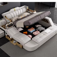 Lit intelligent en cuir de luxe moderne, multifonctionnel, taille king, avec rangement, commode, appui-tête inclinable, cadre en bois sécurisé, fonction de massage