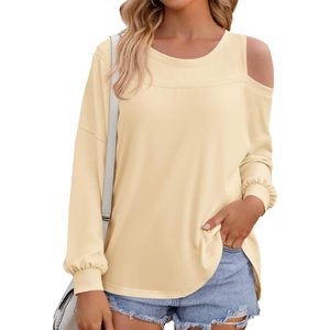 Camisetas de manga larga con hombros descubiertos para mujer, cuello redondo, estilo básico, holgadas, a la moda para otoño - Product Image 1