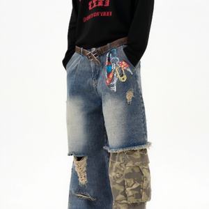 Vaqueros de mezclilla híbridos de pierna recta, estilo cargo, extragrandes, con estampado desgastado, camuflaje y patchwork, estilo hip hop vintage personalizado para hombre - Product Image 2