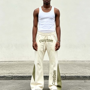 Custom <b>Flare</b> Sweatpants <b>Men</b> Elastic Waist Drawstring Distressed Ripped Rivets Casual Pants - Product Image 1