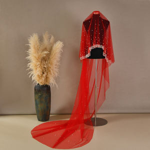 YouLaPan V263 Hijab de <span class=keywords><strong>mariage</strong></span> de mariée rouge vif avec décoration de perles artificielles robe de mariée de mariée sans voile de peigne à cheveux - Product Image 5