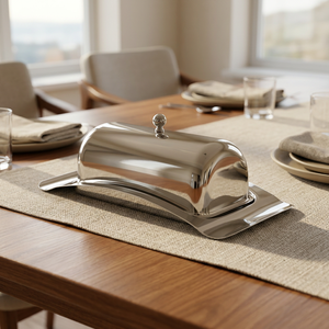 Plat à beurre ovale en acier inoxydable avec couvercle rabattable, design minimaliste, vaisselle de cuisine, compatible lave-vaisselle, préservation de la fraîcheur - Product Image 4