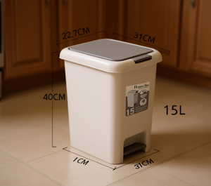 Cestino per Rifiuti in Plastica con Pedale 15L, Contenitore Rettangolare per Uso Domestico, Colore Crema o Grigio Chiaro - Product Image 2