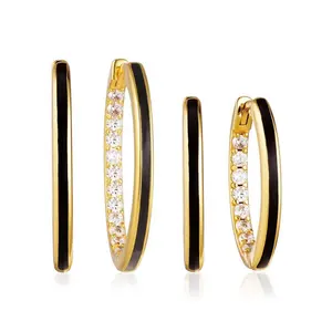 Gemnel unique design fine jewelry accessory high grade zircons and black enamel thin hoop earring