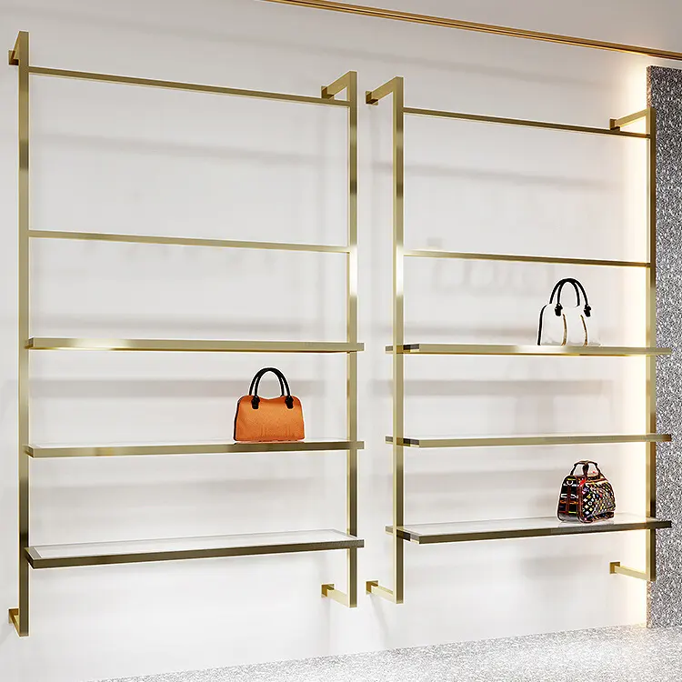 Fashion Interior Design Gold Garment Metal Wall Mounted Hanging Rail Display Rack Retail Clothing Shop