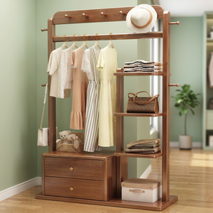 Porte-manteau moderne en bois massif avec crochets et étagères, meuble de rangement polyvalent autoportant pour chambre et salon - Product Image 2