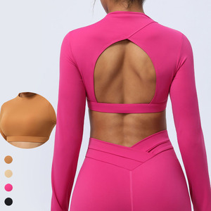 Shinbene sexy mở trở lại dài tay áo Crop Tops backless Workout phòng tập thể dục Áo ngực đi ra ngoài hàng đầu với ngón tay cái lỗ - Product Image 1