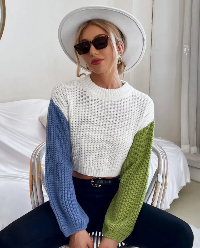 Europe Trendy Ladies Color Blocking Ausgefallene weiße Strick pullover Damen Pullover