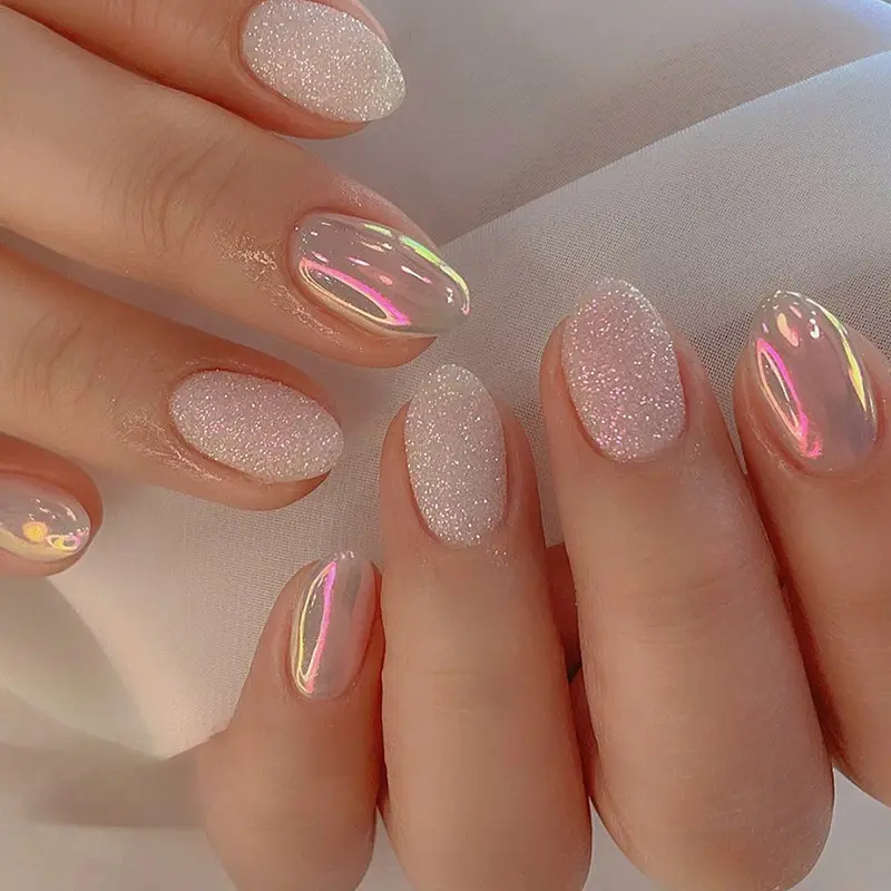 24 pezzi Aurora breve stampa sulle unghie con copertura completa per unghie finte Glitter unghie finte punte artificiali con Design lucido polvere di perla