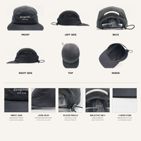 Casquette de camping 5 panneaux personnalisable avec logo, réfléchissante, haute performance, perforations laser, visière plate, cordon élastique, noire