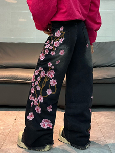 Jean déchiré pour <span class=keywords><strong>femme</strong></span> style urbain avec broderie Sakura, extensible, délavé, coupe droite, en denim, <span class=keywords><strong>pantalon</strong></span> baggy pour <span class=keywords><strong>femme</strong></span> - Product Image 6