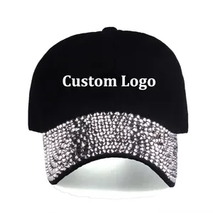 Özel Logo % 100% pamuk kavisli Visor Rhinestone düz beyzbol şapkası