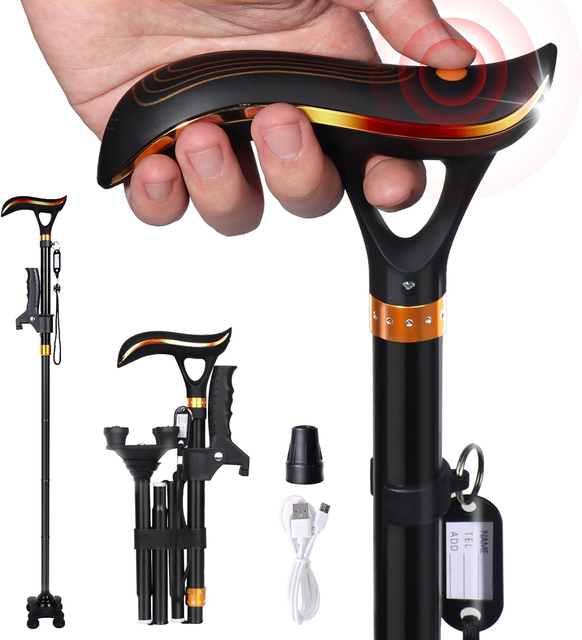Anbule Smart Cane for Elderly Men Women LED Lights Portable Foldable Design Cushioned T-Shaped Handle USB Charging Rotatable