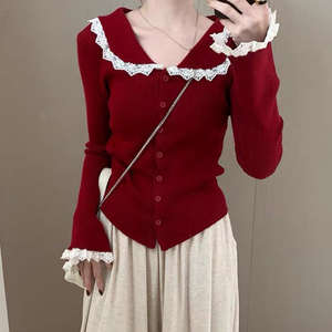 Cárdigan de Punto con Cuello Nuevo, Manga Larga y Parches de Encaje para Mujer, Otoño e Invierno - Product Image 1