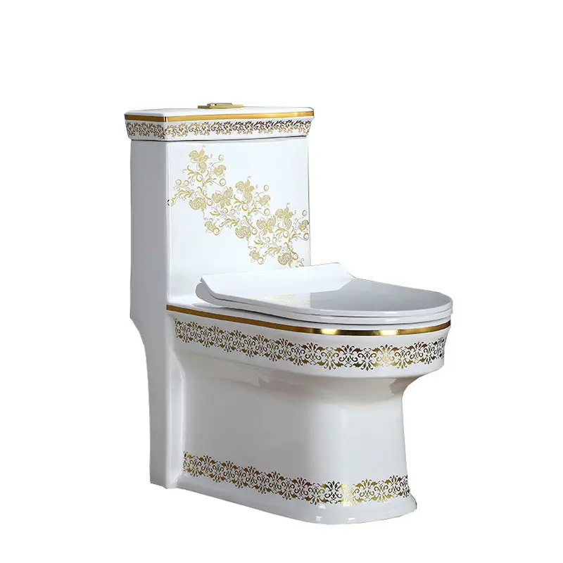 2020 Hot Sale One Piece WC Ceramic S-trap P-trap Bathroom Toilet with Golden Flower Design