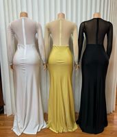 Robe de soirée sirène en maille ornée de strass pour femme, manches longues, col transparent, en satin, longue, pour mariage, fête ou bal de promo – Direct Usine