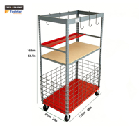 Chariot de rangement robuste pour pièces, capacité 80 kg, avec roues pivotantes de 5 pouces, étagère métallique, panier, 8 crochets, mouvement flexible à 360°, multi-niveaux