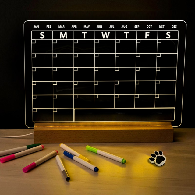Modern Acrylic Rectangle Middle Night Light Note Board Calendar with LED Base and Wood Stand Living Room Dry Erase Desk