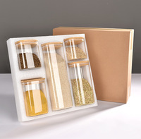 Lot de 5 bocaux de conservation carrés en verre hermétiques pour cuisine, avec couvercle en bambou de qualité alimentaire, emballage en mousse, pour camping, compatibles micro-ondes et congélateur
