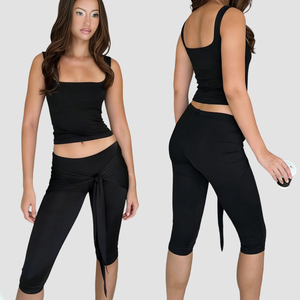 American Sexy Solid <b>Square</b> Neck Slim Fit Sports Tank Top Twist Knot Tie Bodycon Mid Shorts Two Piece <b>Set</b> - Product Image 1