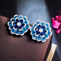 Prachtige 3d Design Blauwe Kubieke Zirkoon Bloem Stud Oorbel Voor Vrouwen Prachtige Cz Bruiloftsfeest Prom Luxe Sieraden Valentijn Cadeau