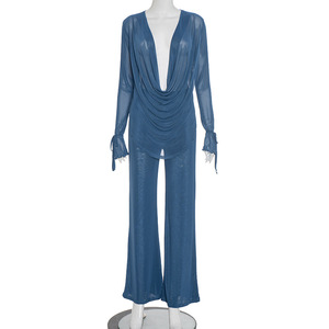 เสื้อแขนยาวผ้าตาข่ายเซ็กซี่สำหรับผู้หญิงและกางเกงทรงเข้ารูปชุดแฟชั่น 2 ชิ้น - Product Image 6