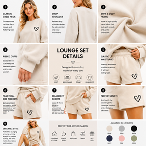 Ensemble de survêtement doux en molleton pour femme avec broderie cœur personnalisée, haut à col rond et épaules tombantes, et short à cordon de serrage avec poches - Product Image 3