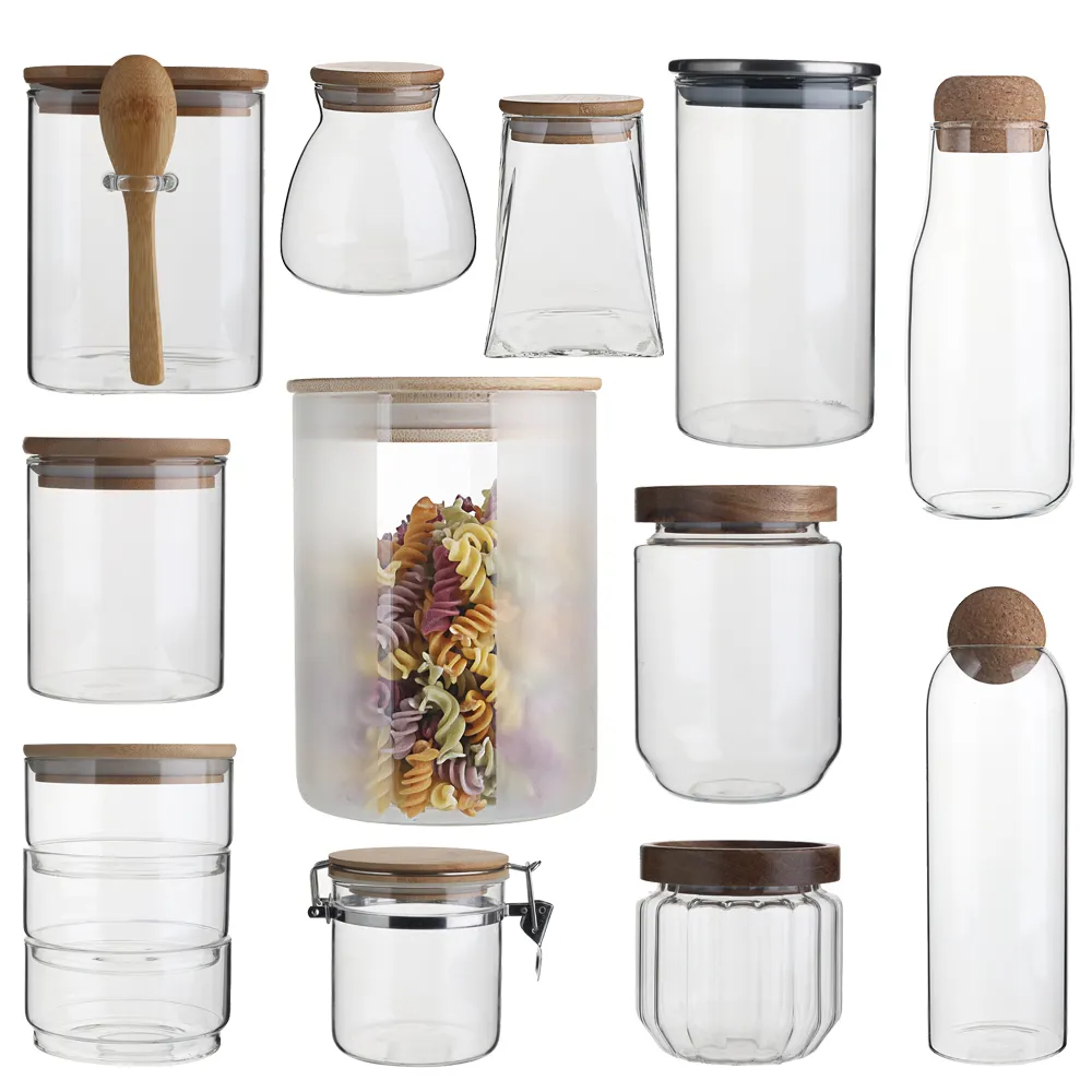 Groothandel Air-Strakke Lege Keuken Borosilicaatglas Potten Bus Container Pantry Opslag Voedsel Met Bamboe Houten Deksel In Bulk