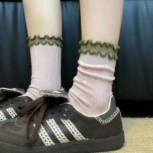 Womens Slouch <b>Socks</b> Gray Green Ruffled Trim Cotton Breathable Mid Calf <b>Sock</b> Youth Fashion - Product Image 3