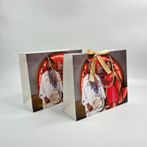 Custom Full Color Printed Paper Shopping Bags - Photo Printed <b>Wedding</b> Gift Bags with Gold Ribbon Bow & Rope Handles - Product Image 4