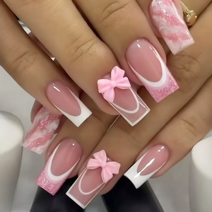 24 <span class=keywords><strong>Uñas</strong></span> Postizas Rosas con Lazo, Forma Ataúd, Mediano-Largo, Brillantes, Estilo Ballet, Cobertura Completa, Decoración Acrílica para Manicura - Product Image 2