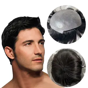 In stock Indian 100% human virgin hair cuticle aligned full pu base black thin skin replacement system straight toupee for men