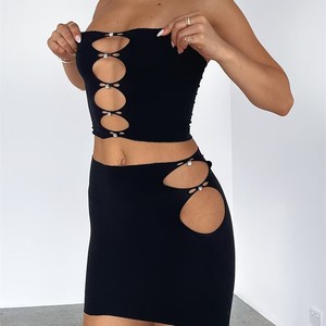 Fashion Diamond Decorated <strong>Shiny</strong> Cut Out <strong>Top</strong> and Mini Skirt Set Women - Product Image 5