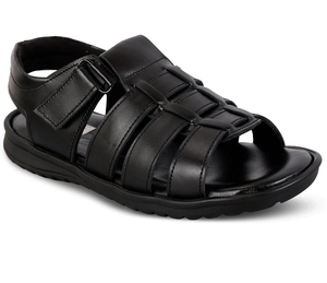 Premium Black Genuine Leather <b>Slip</b>-On Sandals for Men Stylish Open-Toe Design with Breathable Comfort Durable Sole for Everyday - Product Image 1