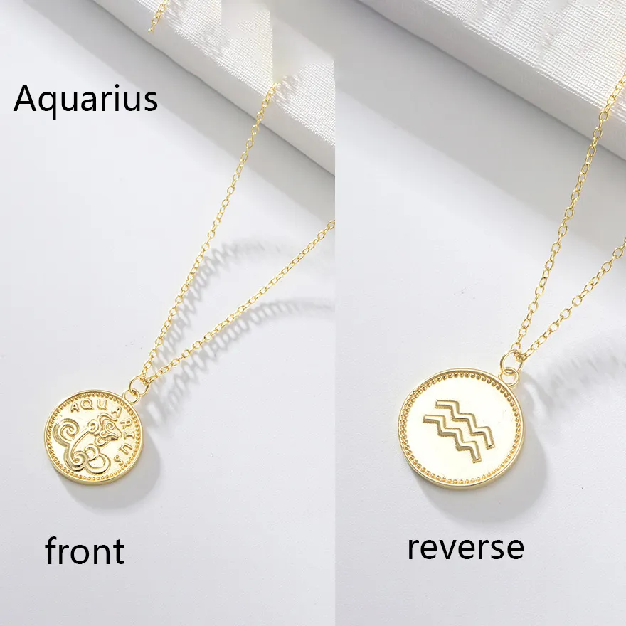 Perhiasan Horoskop Mode 925 Liontin Perak Murni 14K 18K Kalung Koin Zodiak Berlapis Emas Wanita