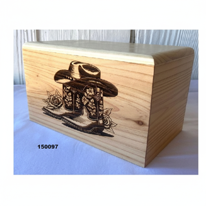Urne de crémation en bois gravée Cowgirl Boots pour cendres humaines adultes avec sac en velours gratuit - Product Image 1