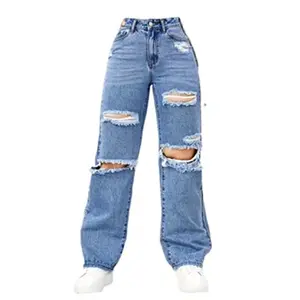 Vente d'usine en gros de haute qualité lâche déchiré bleu chiffons baggy confortable jeans pour femme