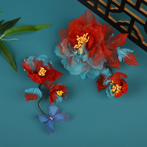 2024 New Original Design Handmade Antique <b>Hair</b> <b>Accessory</b>, Red and Blue Color Block Peony Perforated Flower <b>Hair</b> Clip, Hanfu - Product Image 3