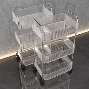 Chariot de rangement à trois niveaux avec roulettes, en plastique transparent et acier inoxydable, design minimaliste pour l'organisation de la salle de bain - Product Image 5