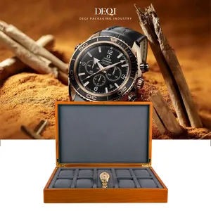 Kotak kemasan kayu walnut kayu engsel kecil tampilan casing tali jam tangan 10 24 slot kustom dengan tutup berengsel untuk etalase toko besar