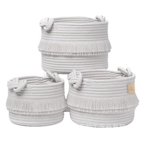 Cotton Rope Woven <b>Storage</b> <b>Basket</b> Set Round Beige Toy Diaper Organizer 3 Piece Bohemian Style Tassel Design - Product Image 5