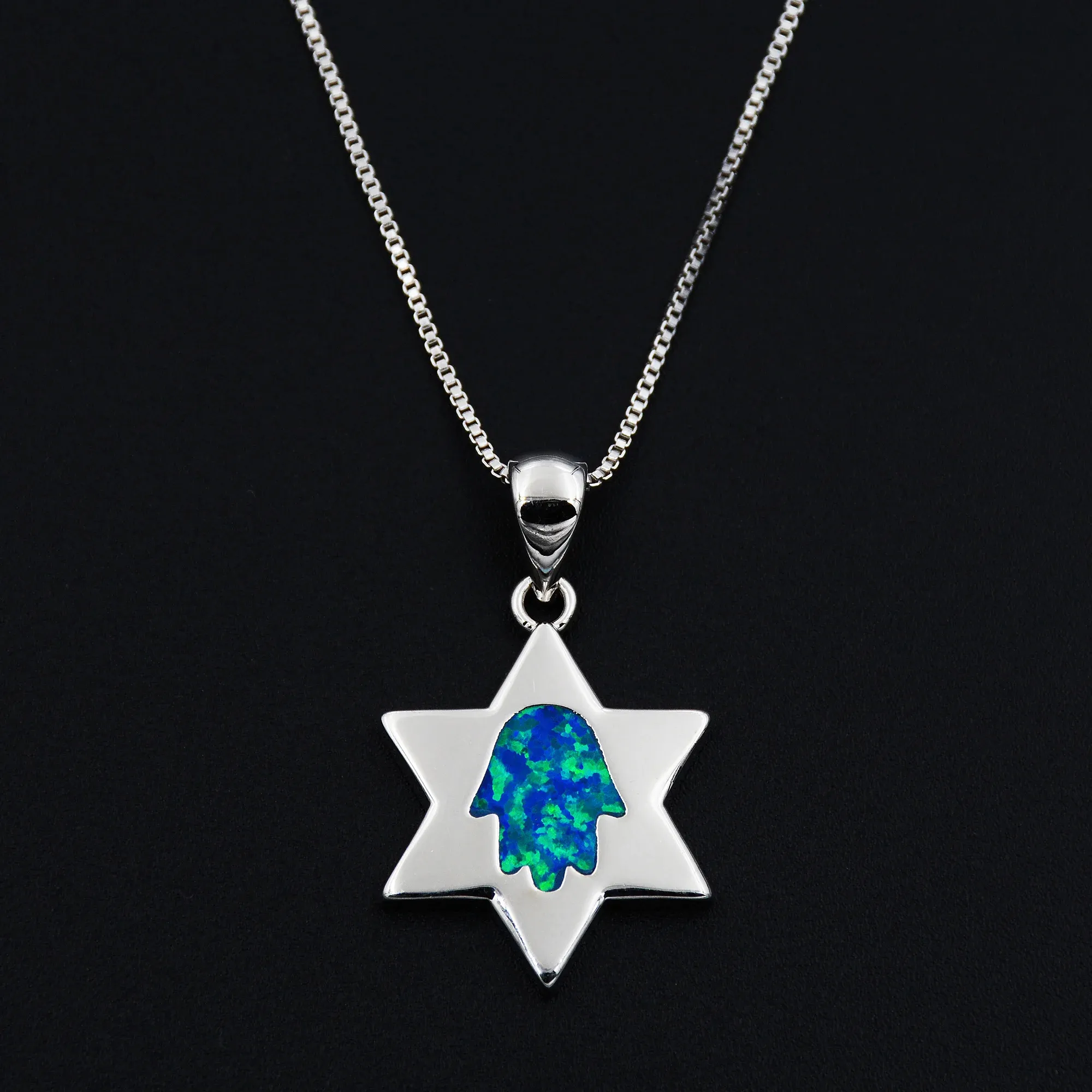 Judaica Jewish Star of David Hamsa Hand Chai Hebrew Israel Ocean Blue Fire Opal Pendant Necklace